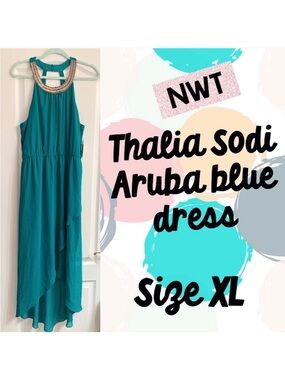 Thalia Sodi Aruba Blue High Collar Beaded Aqua Hi Low Spring Dress - size XL